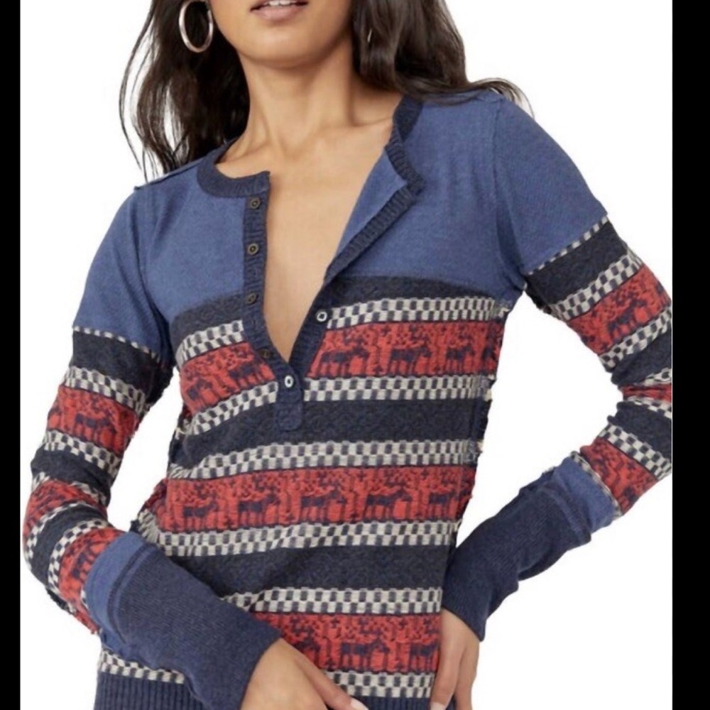 Free People We the Free Sz Medium  To The Woods Thermal Navy Blue Shirt Top